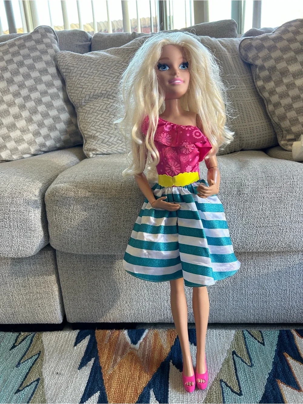 Barbie Fashion Doll Outfit Set - Pink Top with Teal and White Striped Skirt 28”